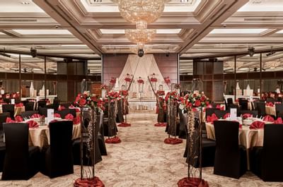 Banquet table setup in an event Hall at Goodwood Park Hotel