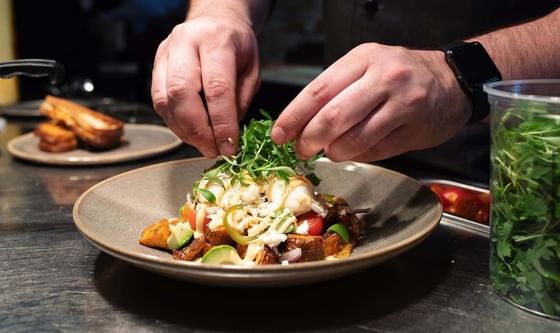 Closeup of a chef plating a dish at ReStays Ottawa