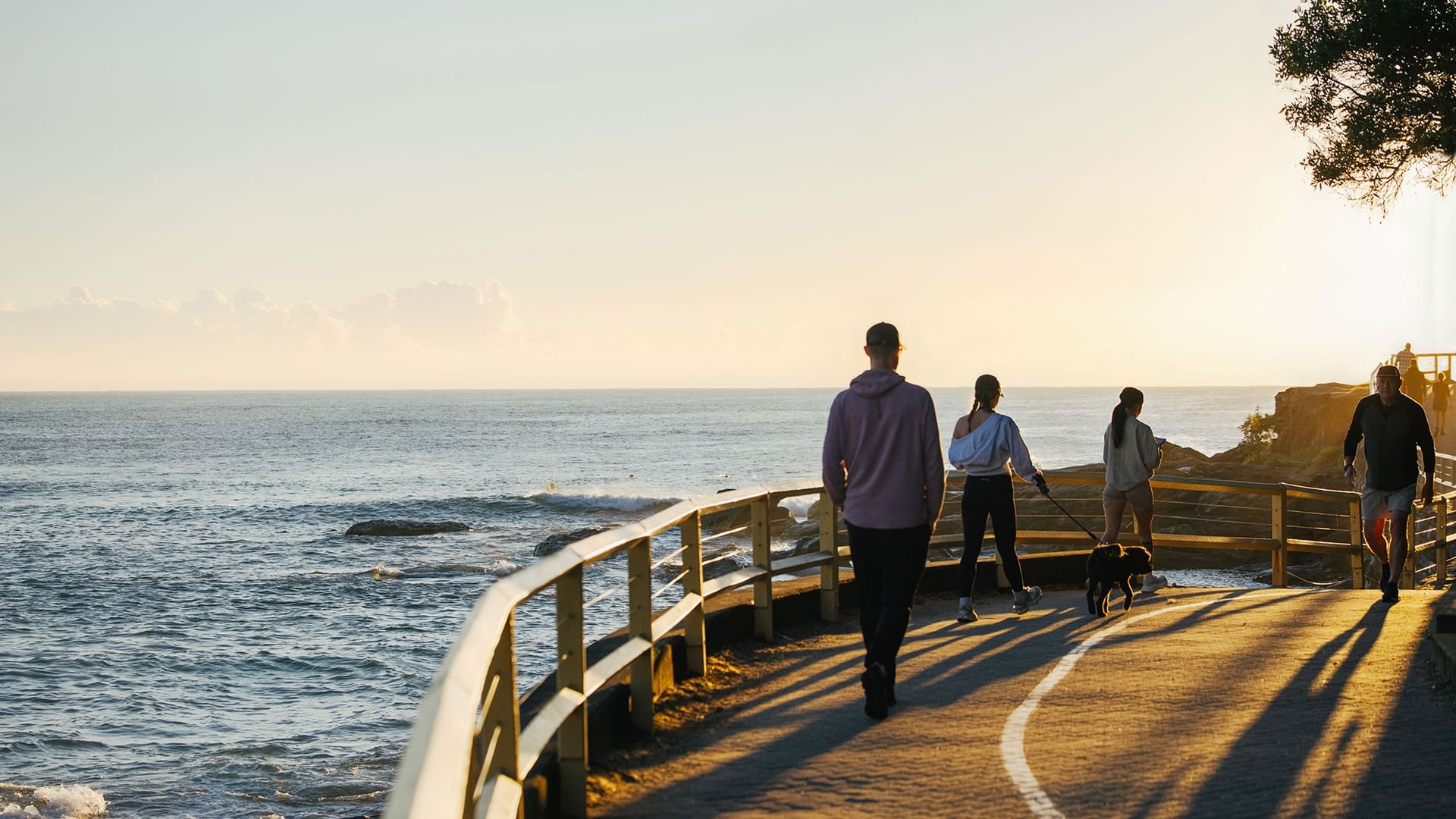 People walking a dog on a paved path by the ocean under a clear sky near a wooden fence at the scenic Elysium Manly