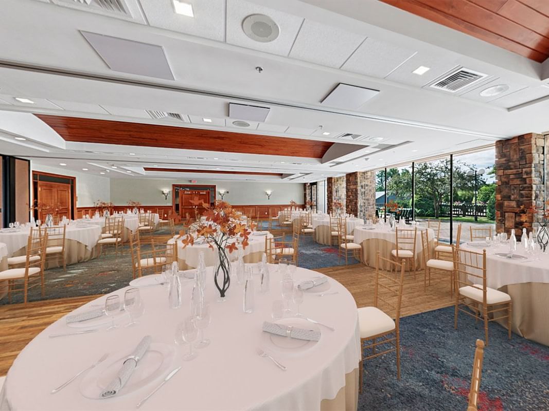 Great Range banquet room with table settings for a banquet.
