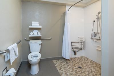 a toilet and shower in a hotel bathroom