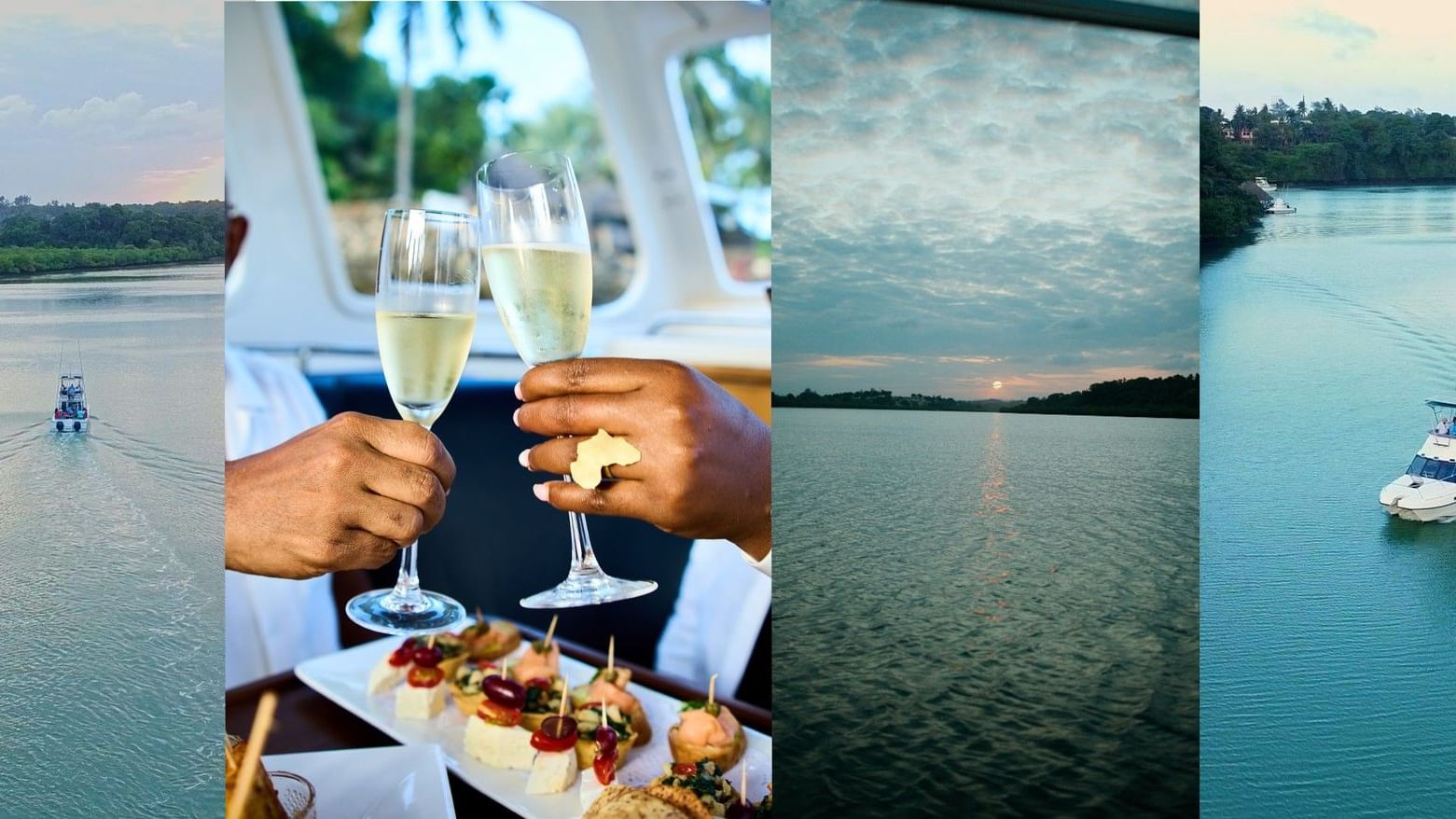 Two hands holding champagne glasses over a tray of snacks on a boat by a wide, peaceful river at Serena Hotels & Resorts