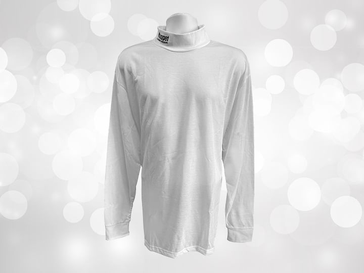 A white long sleeve turtle neck with Nugget logo on collar against silver background