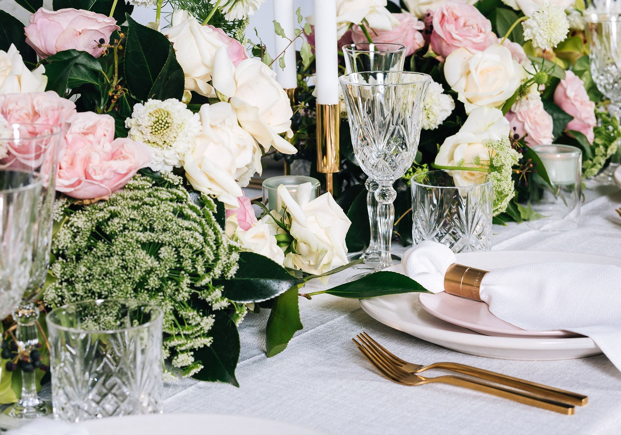 Bouquets of flowers in a wedding hall at Crown Hotel Melbourne