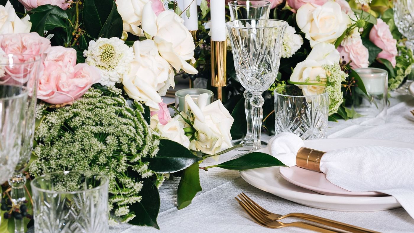 Wedding dining table arrangement at Crown Hotels
