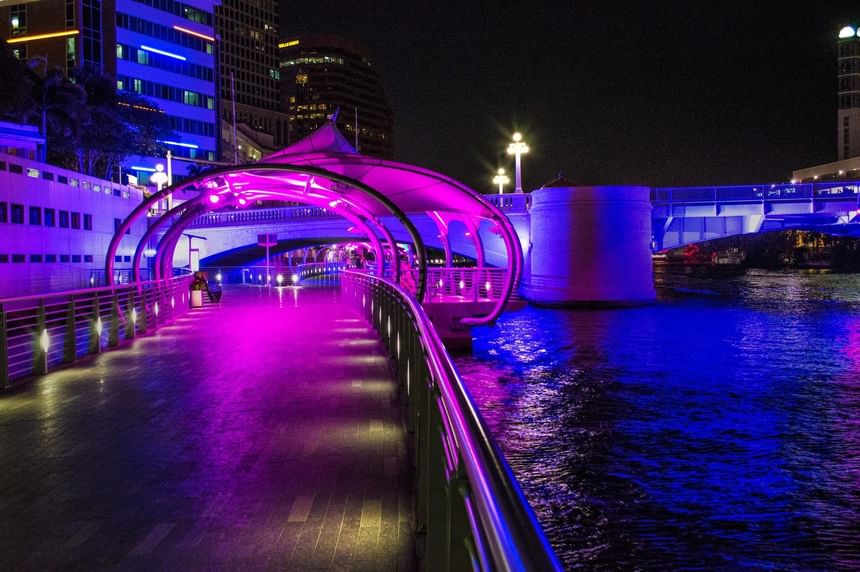 Aerial view of Illuminated Tampa Riverwalk near The Barrymore Hotel