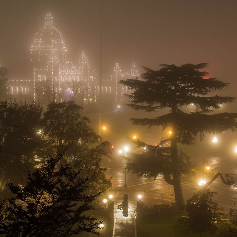 Aerial view of Governor’s House building during misty night near Pendray Inn & Tea House
