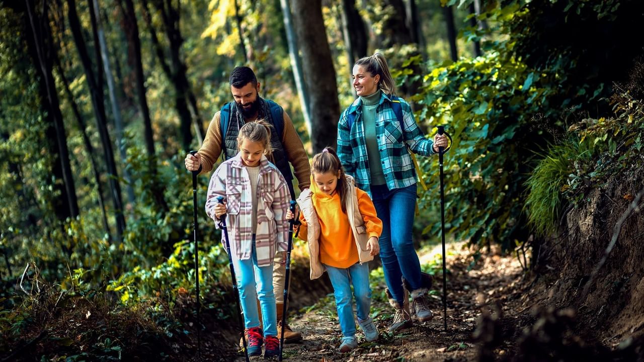 Family of four hiking in the woods, smiling and enjoying nature.