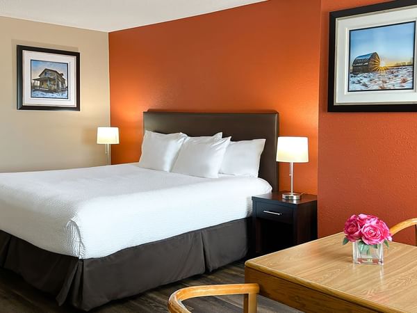 Bed, table, chairs, flowers, painting in a hotel room