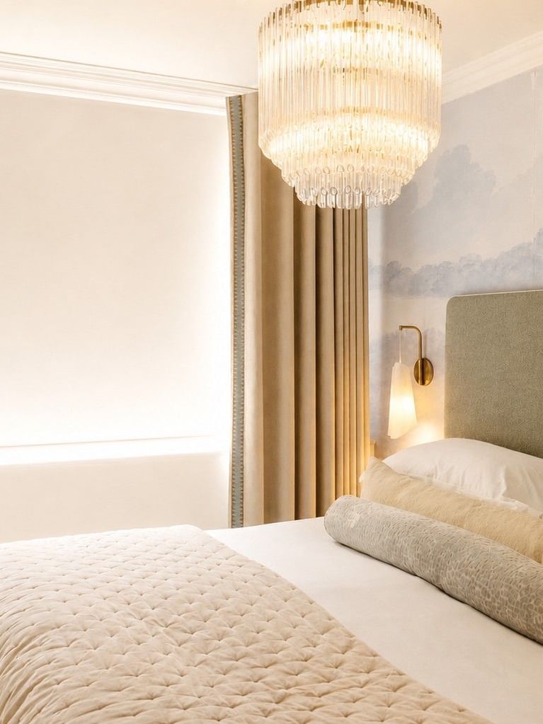 One Bedroom Apartment with upholstered headboard, crystal chandelier, and neutral tones at The Capital Hotel, Apartments & Townhouse - London