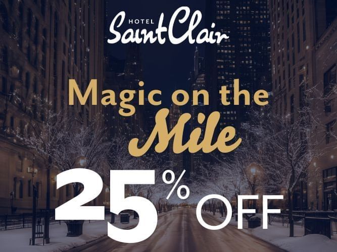 25% Off offer text over picture of snowy streets in Chicago