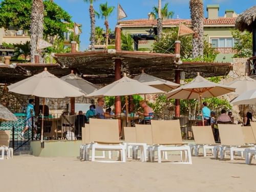 Tortugas restaurant dining area with thatched roof huts and umbrellas on the beach at Hacienda del Mar Los Cabos