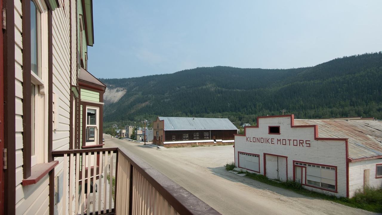 View of Dawson City from hotel room balcony