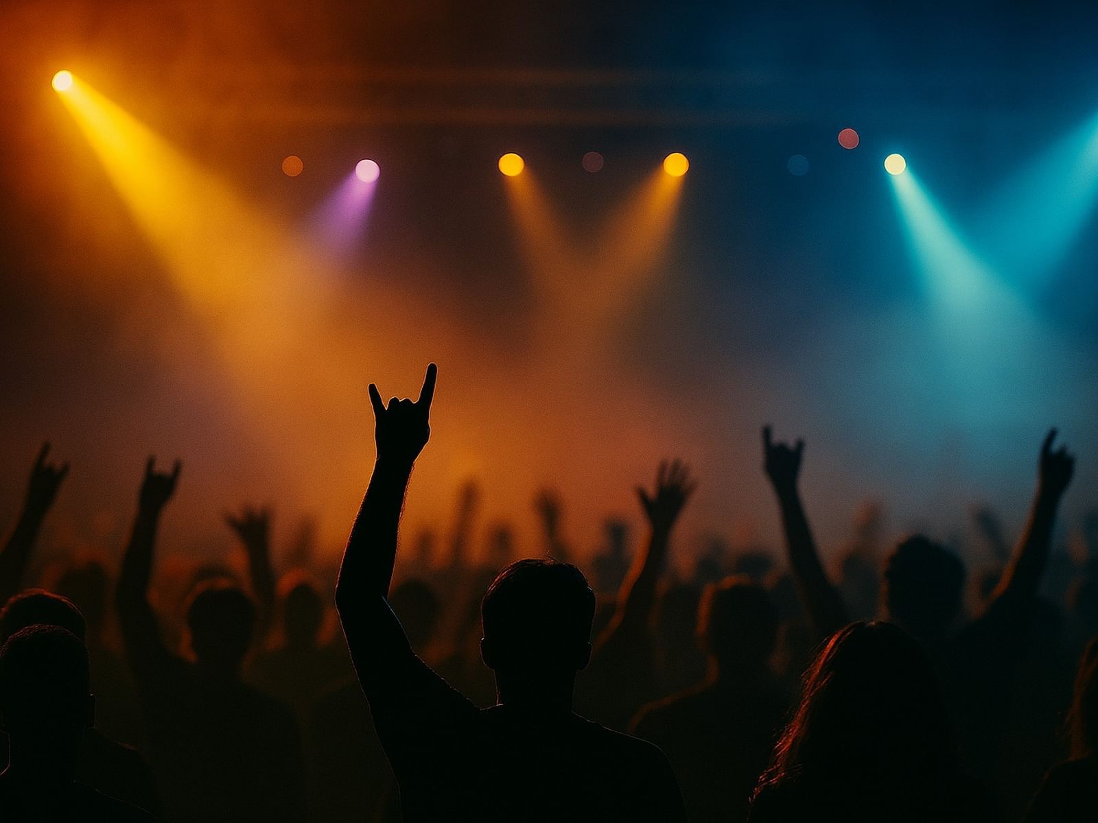 Silhouettes of fans with hands raised at the Machaca fest with colorful stage lighting near One Hotels