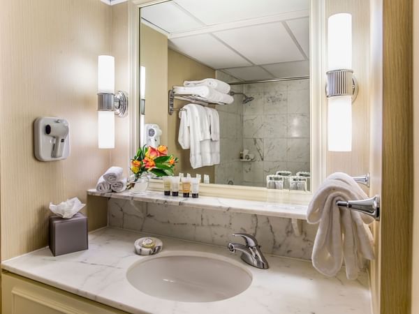Bathroom Vanity area in deluxe room at Warwick Seattle