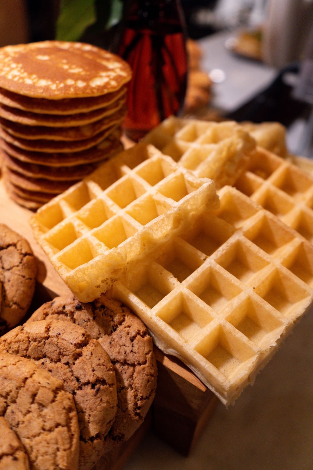 Close-up of Belgian waffle served in Restaurant Le W