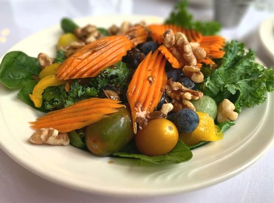 Close-up of a salad served at Honor’s Haven Retreat