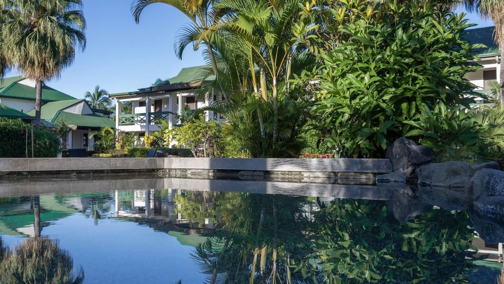 Clear swimming pool surrounded by lush greenery and tropical trees at Tokatoka Resort - Nadi, Fiji.