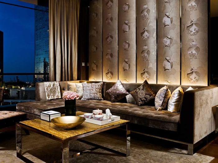 The living area in the Theme Suites at The Fullerton Hotels and Resorts