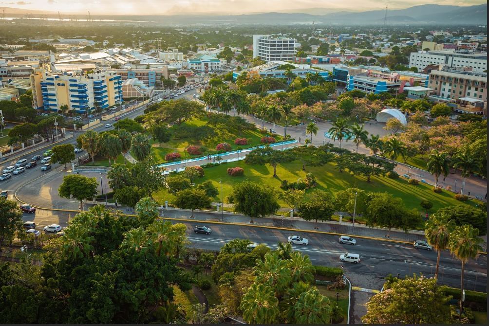 Aerial view of the hotel exterior with city & street near Jamaica Pegasus Hotel