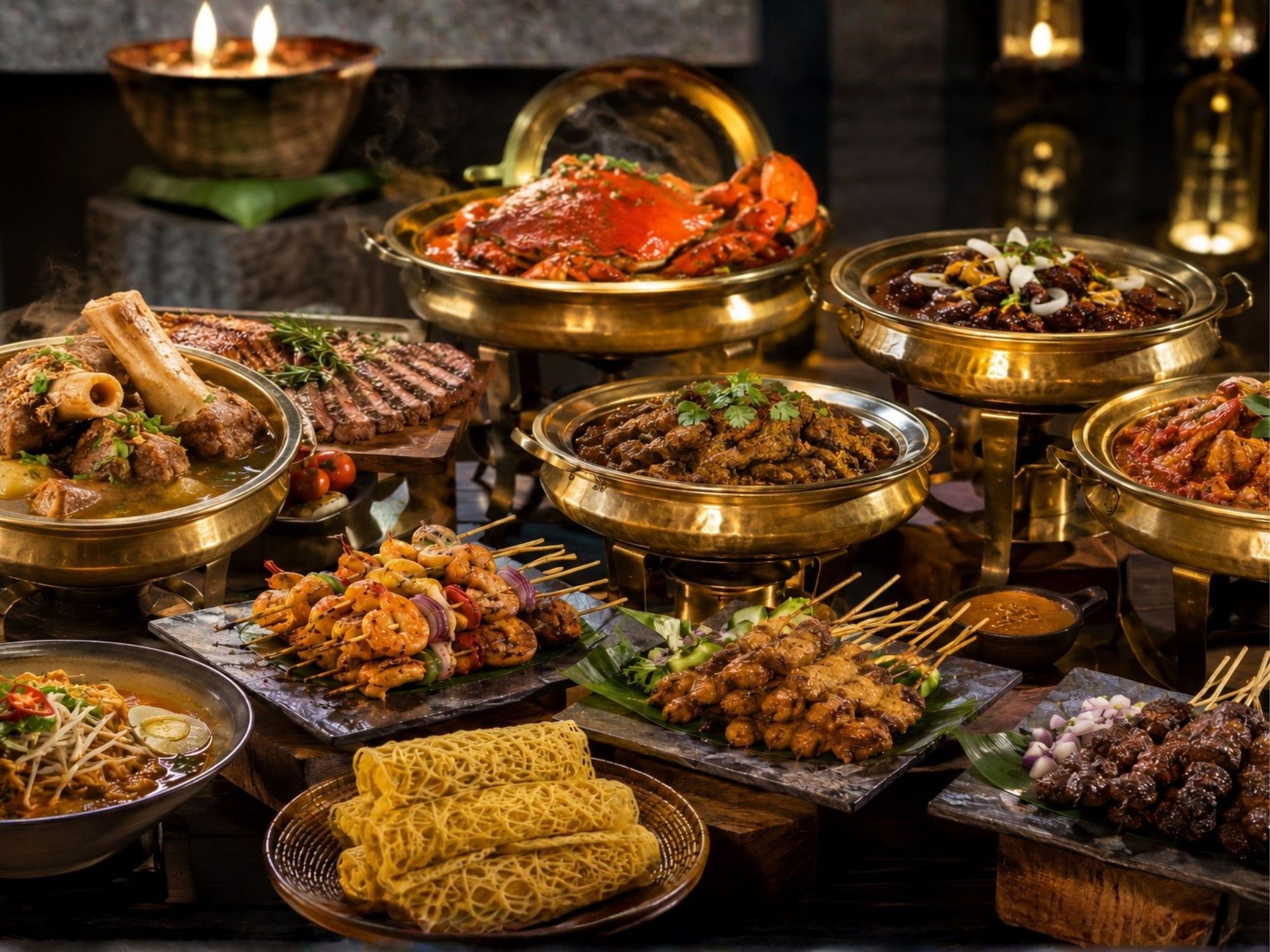 Lavish spread of Malaysian dishes including grilled meats, seafood, satay skewers, and corn in golden serving dishes.