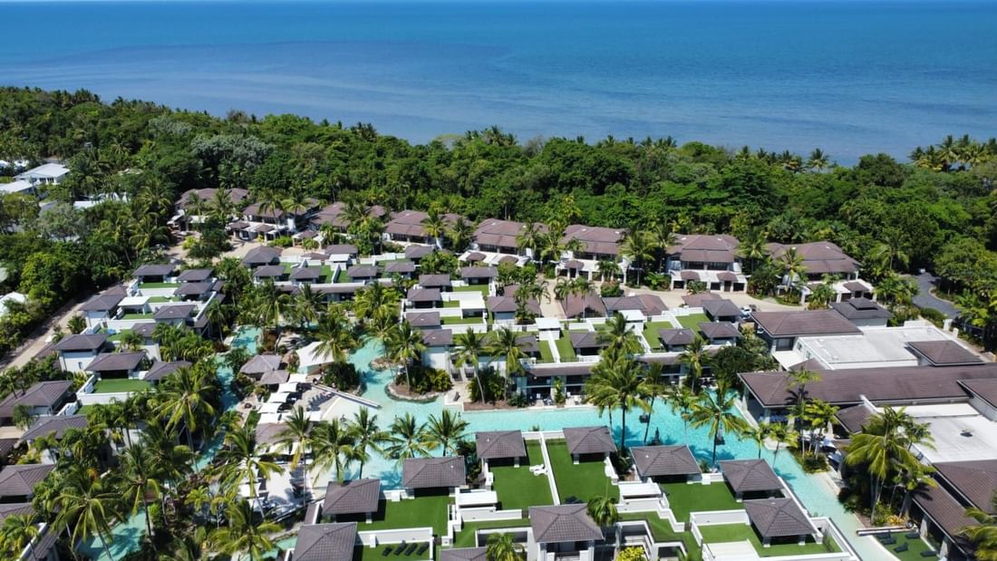 Aerial view of Pullman Port Douglas Sea Temple Resort & Spa with ocean