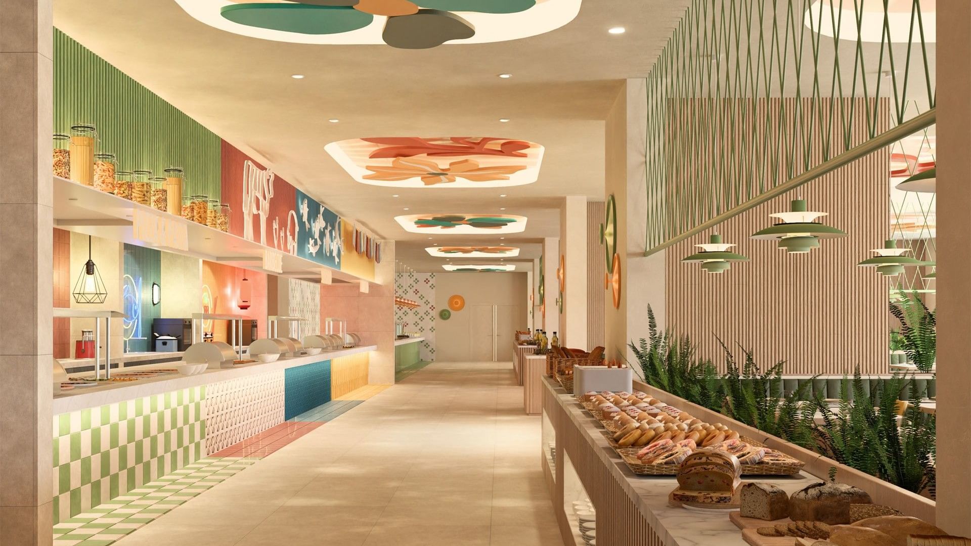 Amplia selección de panes frescos y estaciones de comida en el buffet de desayuno de Fiesta Americana Funeeq Punta Cana