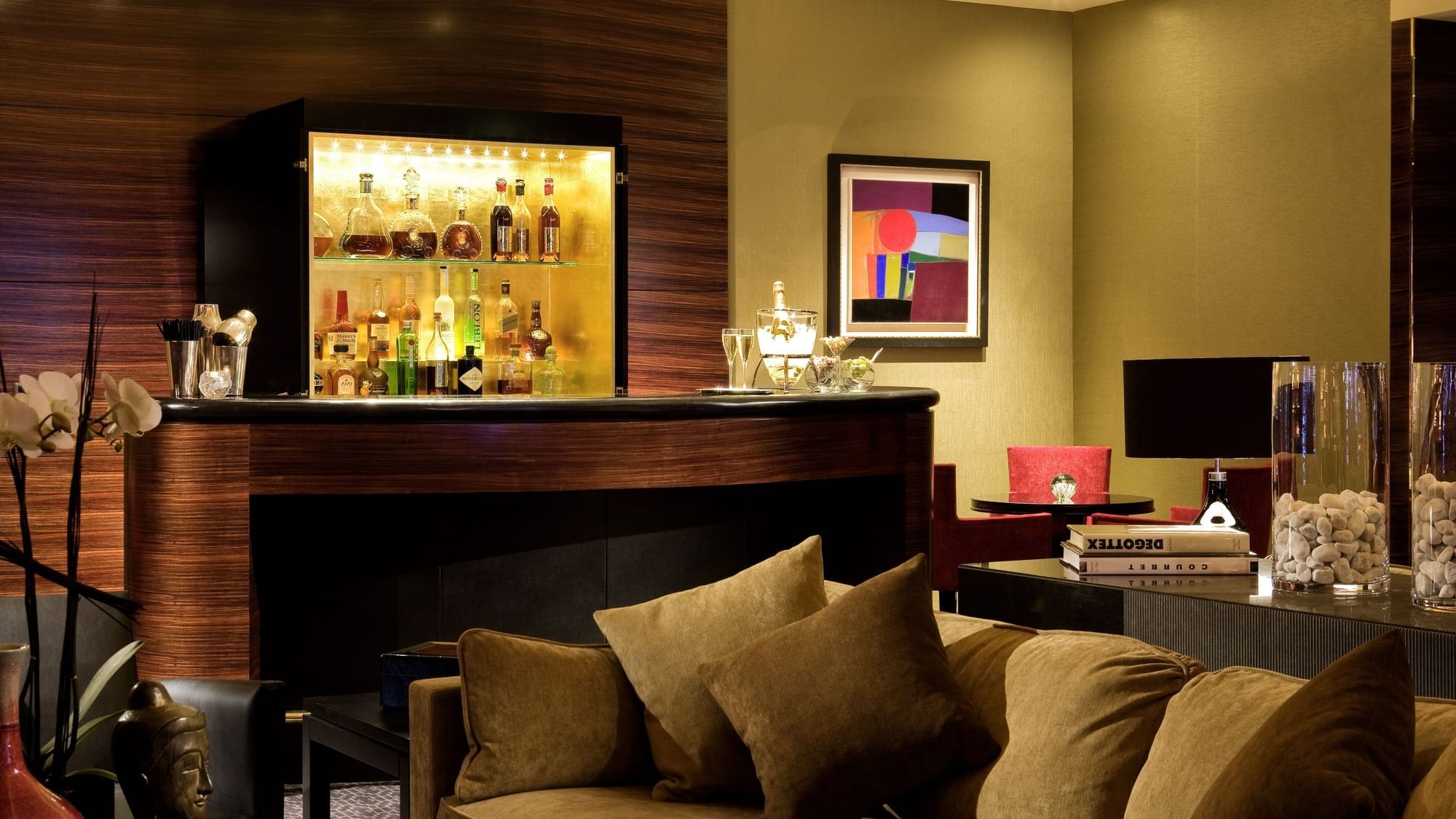 Bar shelves by lounge area in Bar “Le W” at Warwick Paris Champs Elysées