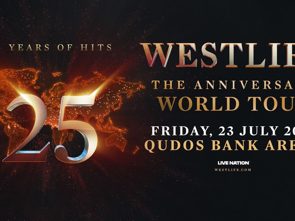 Westlife 25th Anniversary World Tour poster for July 23, 2027, at Qudos Bank Arena.