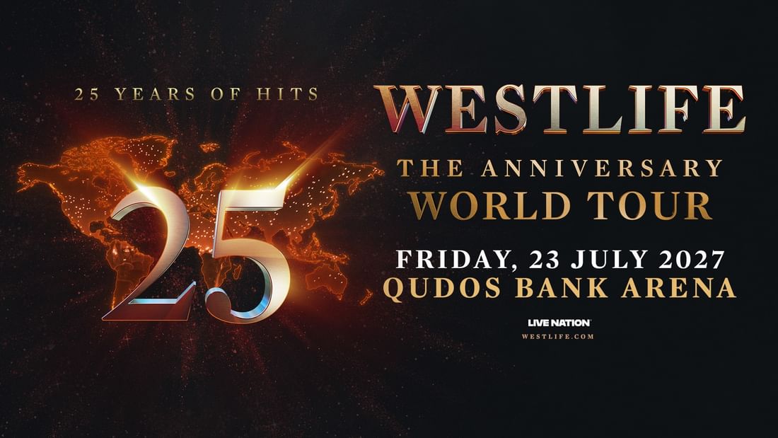 Westlife 25th Anniversary World Tour poster for July 23, 2027, at Qudos Bank Arena.