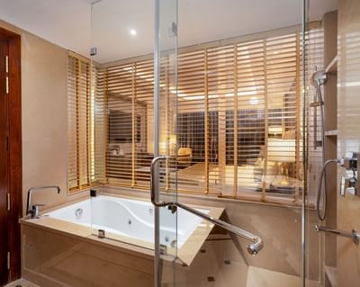 Bedroom view from the Valley Spa Room bathroom glass at The Indus Valley Leh, Five Star Hotel in Leh Ladakh