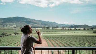 Man drinking wine while standing on balcony overlooking vineyard