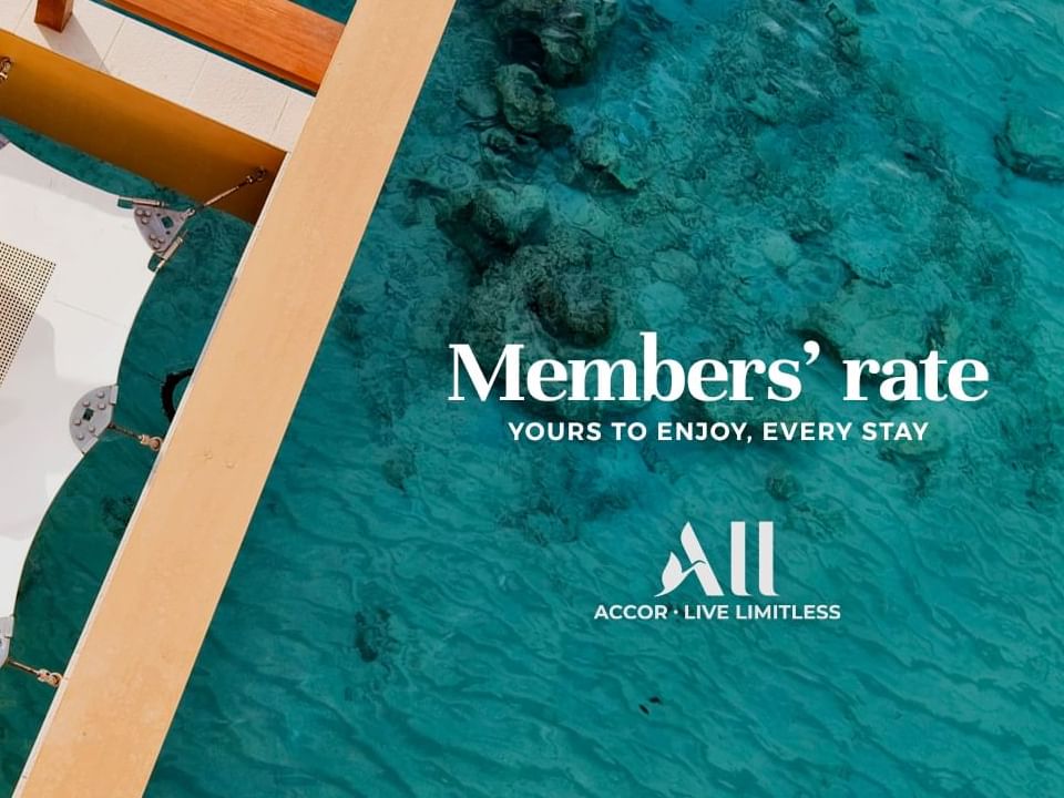 Members' Rate; Yours to Enjoy, Every Stay banner over clear turquoise ocean water at The Sebel Mandurah