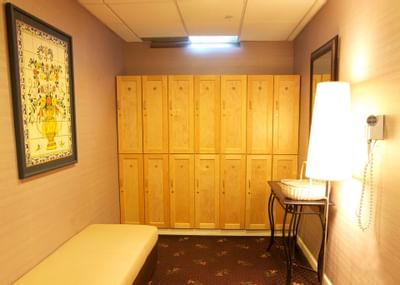 Interior of the locker room of the spa at Honor’s Haven Retreat