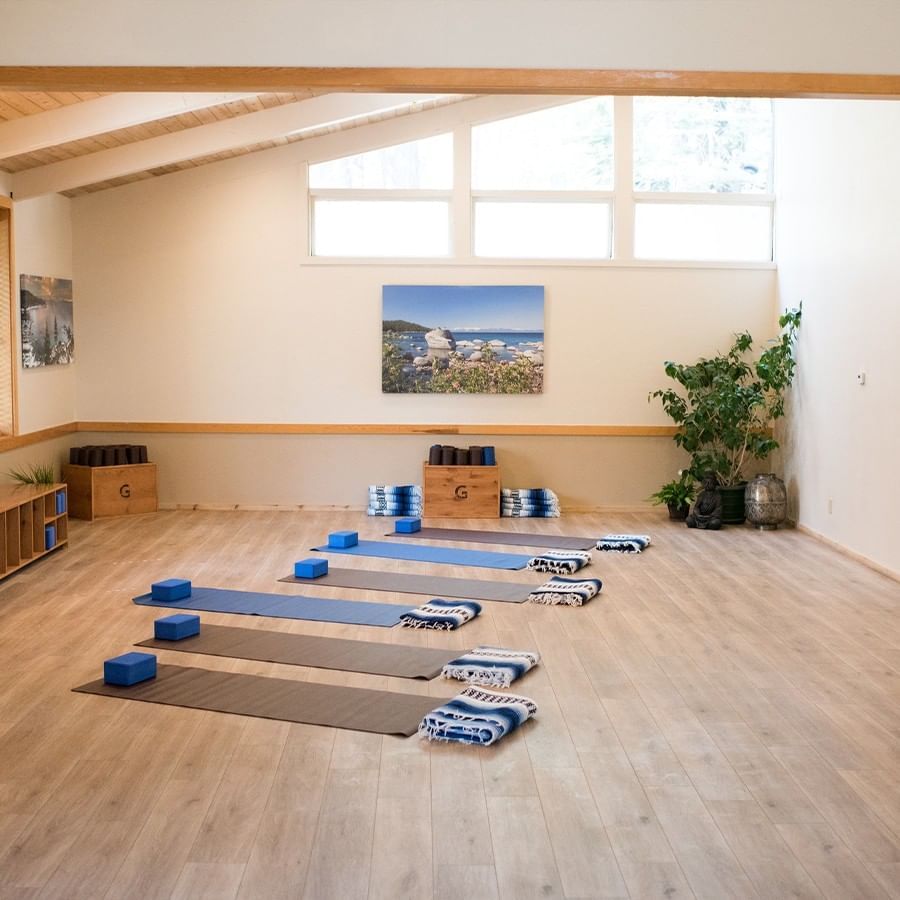Yoga mats arranged in Soul Shelter Yoga at Granlibakken Tahoe