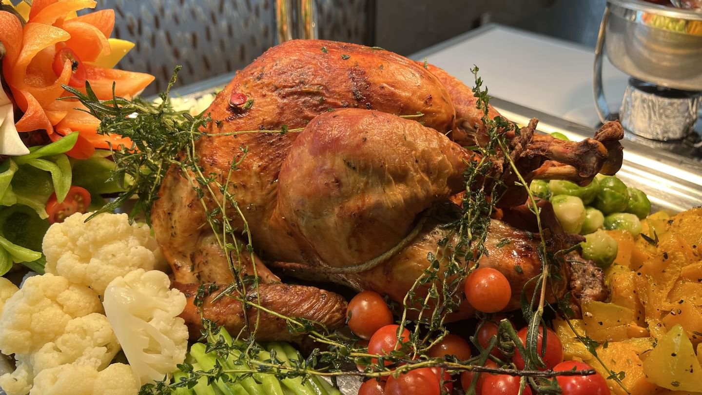 Close-up of a roasted turkey served on a table at Sunway Putra Hotel