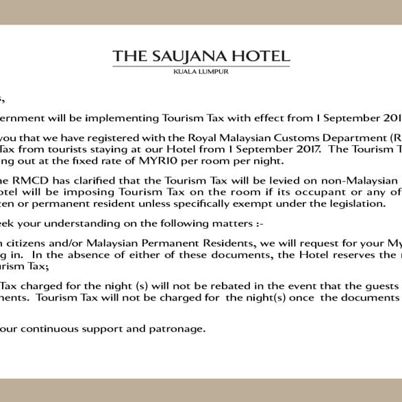 A poster for tourism tax at The Saujana Hotel Kuala Lumpur