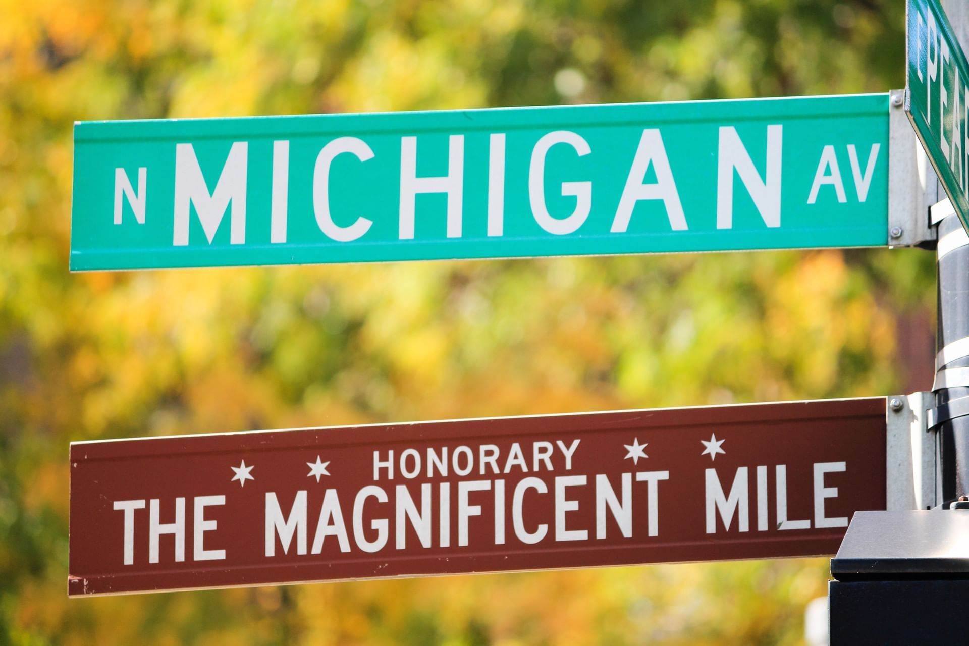 The Magnificent Mile Chicago road sign below N Michigan Avenue, surrounded by autumn foliage near Hotel Saint Clair