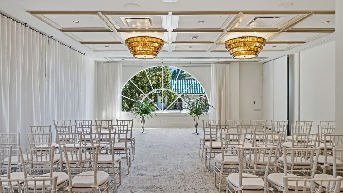 Chairs arranged for an event in La Terraza Ballroom at el PRADO Hotel in Palo Alto.