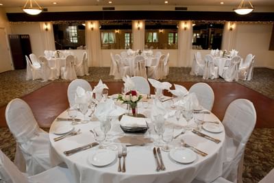 Wedding Banquet Hall table setting at La Tourelle Hotel and Spa