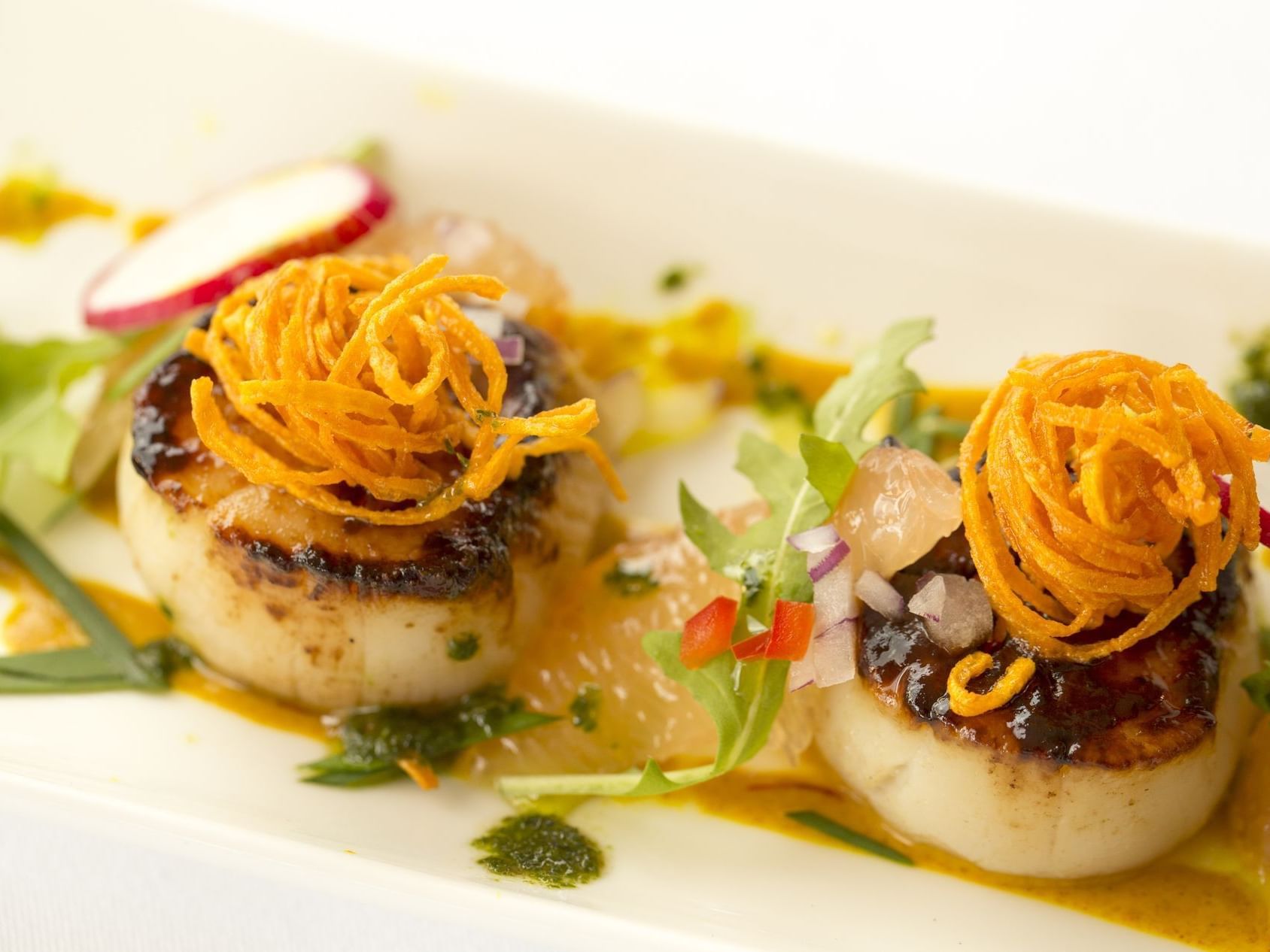 Closeup on a plate of Scallop appetizer at Buccaneer Hotel