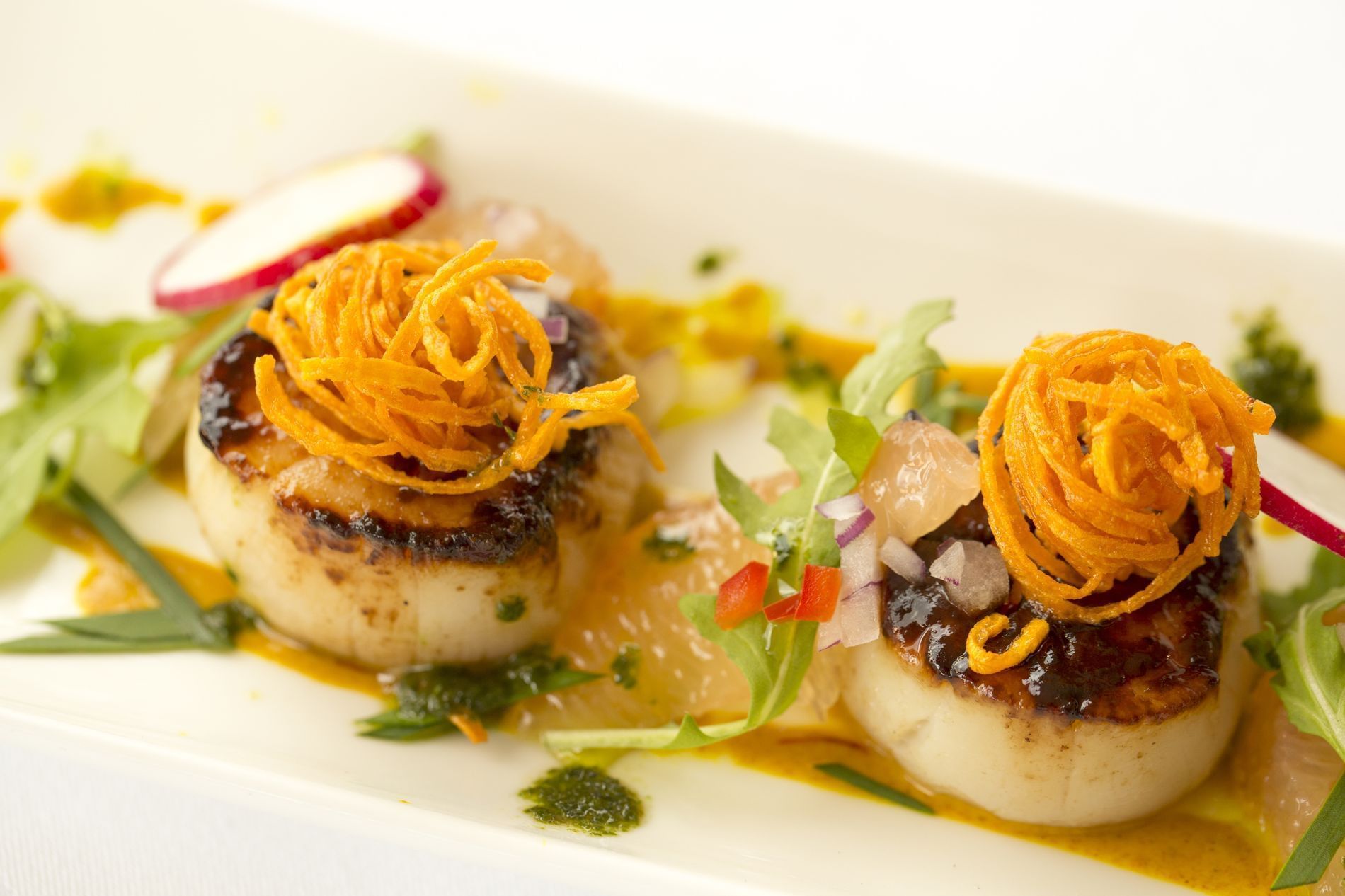 Closeup on a plate of Scallop appetizer at Buccaneer Hotel