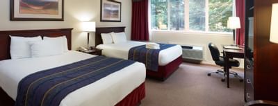 Two queen beds with desk and chair.