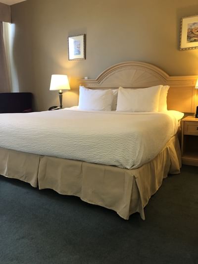 Cozy bed arranged with lamps in King Room at Fort McMurray Hotels