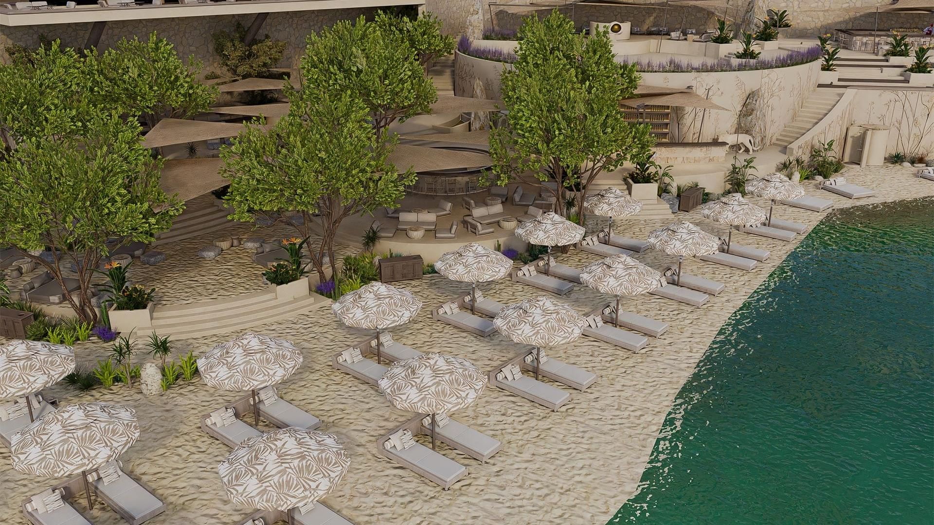 3D rendering of the beach with lounge chairs, umbrellas, trees