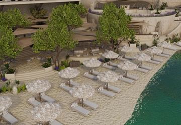 3D rendering of the beach with lounge chairs, umbrellas, trees