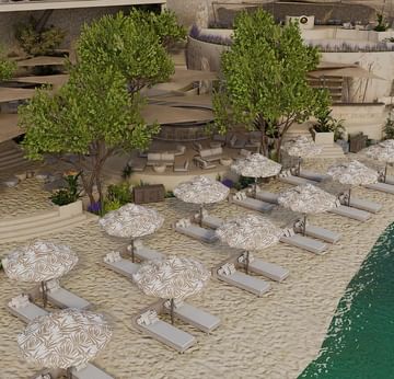 3D rendering of the beach with lounge chairs, umbrellas, trees
