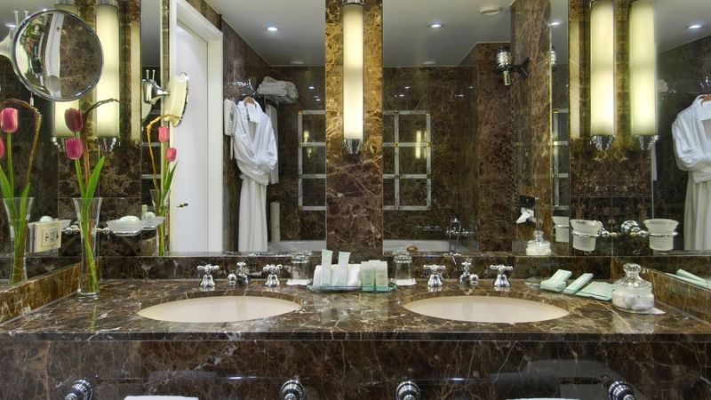 Bathroom vanity area in Royal Suite at Warwick Brussels