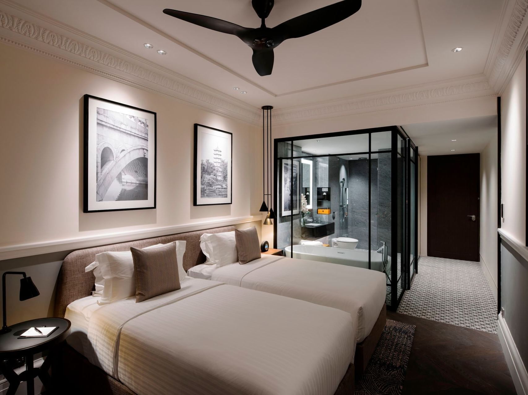 Premier Room with twin beds and glass-walled bathroom at Grand Park City Hall