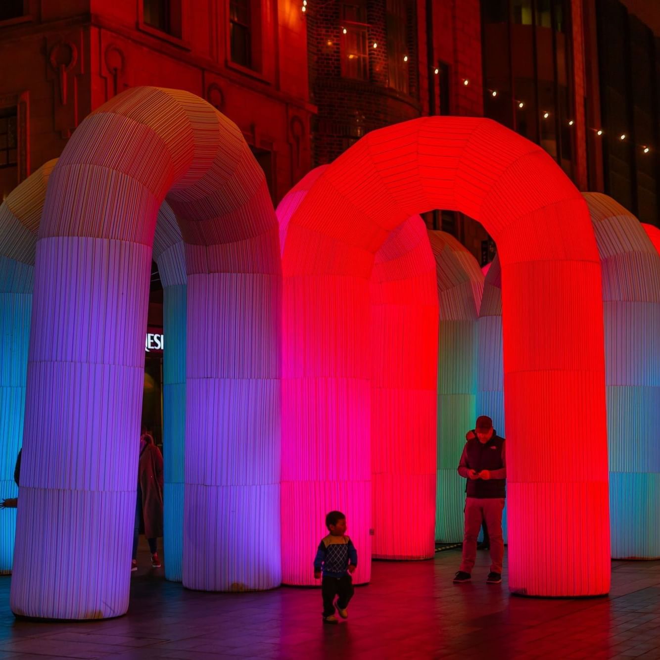 Illuminate Adelaide event with colorful arch lights at night in city square.